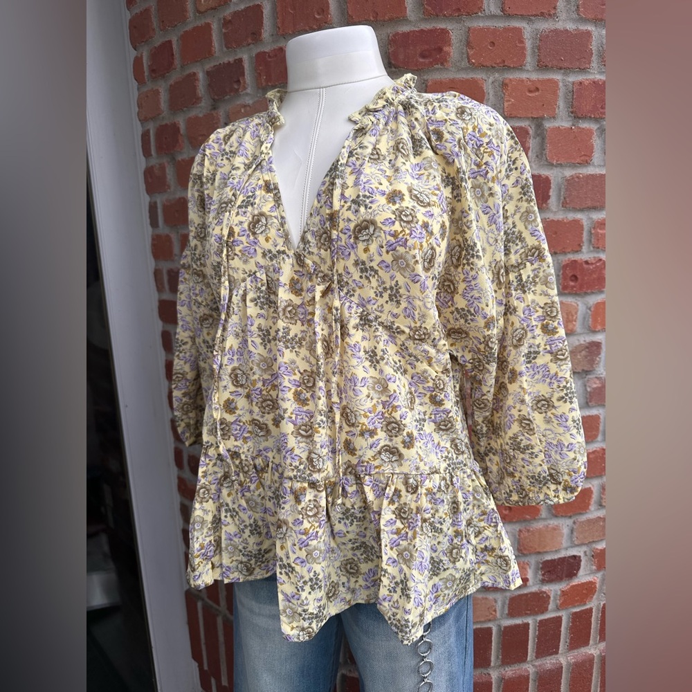 Umgee Yellow Floral Peasant Boho Ruffle V Neck Loose Blouse